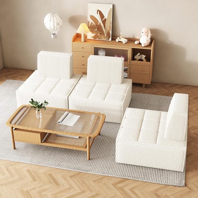 PurrJoys Modular Sectional 3-Seater Sofa 3-Piece Deep Seat Corduroy Lounge Sofa Small 3-Seater Couch for Living Room Bedroom Apartment White