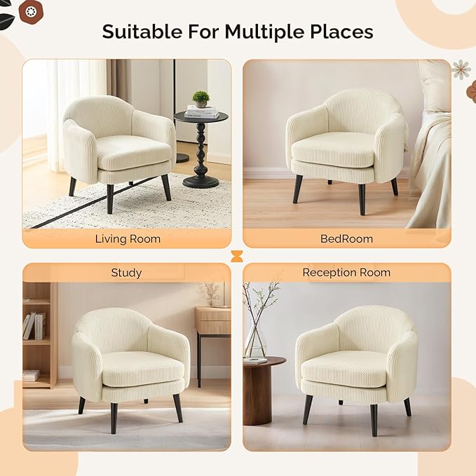 VINGLI 30.3 Wide Modern Barrel Accent Armchair with Track Armrest Solid Wooden Legs Comfy Upholstered Club Chair Round Single Home Sofa for Living Room Bedroom Reading Room Corduroy Beige