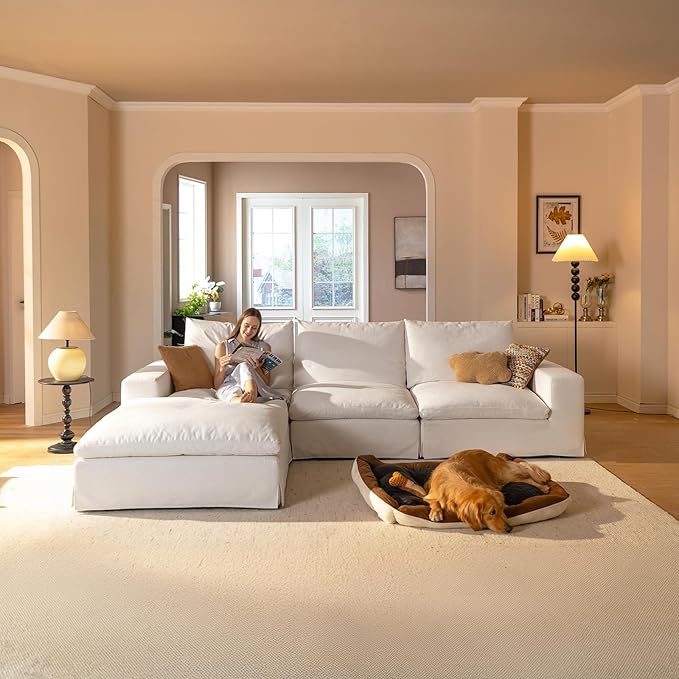 Cloud Couch Sectional Oversized Modular Sofa with 35'' Deep Seat Boneless Couch L-Shape Comfy Sofa Stain-Resistant White Sectional Couches for Living Room Apartment 3 Seater + 1 Ottoman
