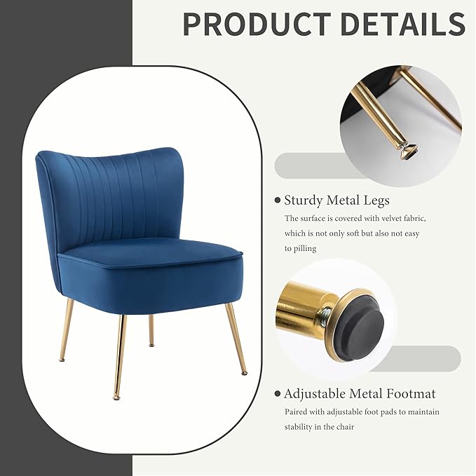 KCC Modern Velvet Upholstered Accent Chair Set of 2Mid Century Living Room Chairs with Golden LegsComfy Armless Chair Wingback Single Sofa Side Chair for BedroomBlue