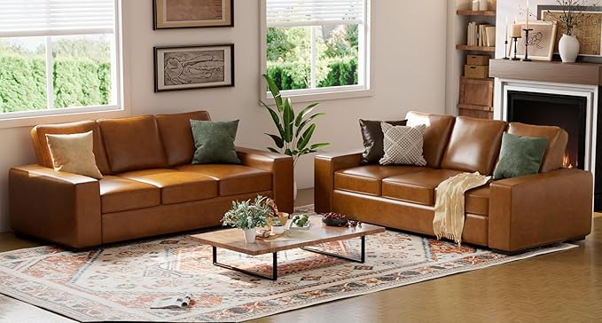 ELUCHANG 85 Luxury 3 Seater Sofa Couch for Living Room Modern Upholstered Faux Leather Sofas Couches with Extra Deep Seats&ampRemovable Cover Comfy Sofa Couch for Apartment Lounge Brown 2PCS