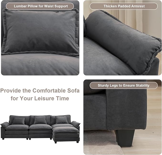 Modular Sectional Sofa Cloud Couch with Ottoman Deep Seat L Shaped Velvet Sofa Couches for Living Room Apartment (Dark Grey L Shaped-3 Seat &amp Ottoman)