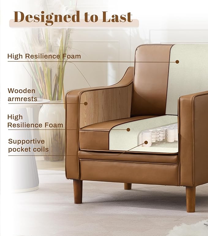 Kingfun Accent Chair Living Room Chairs Faux Leather Reading Armchair Mid Century with Solid Wood Foot Upholstered Modern Decor for Bedroom Apartment Brown