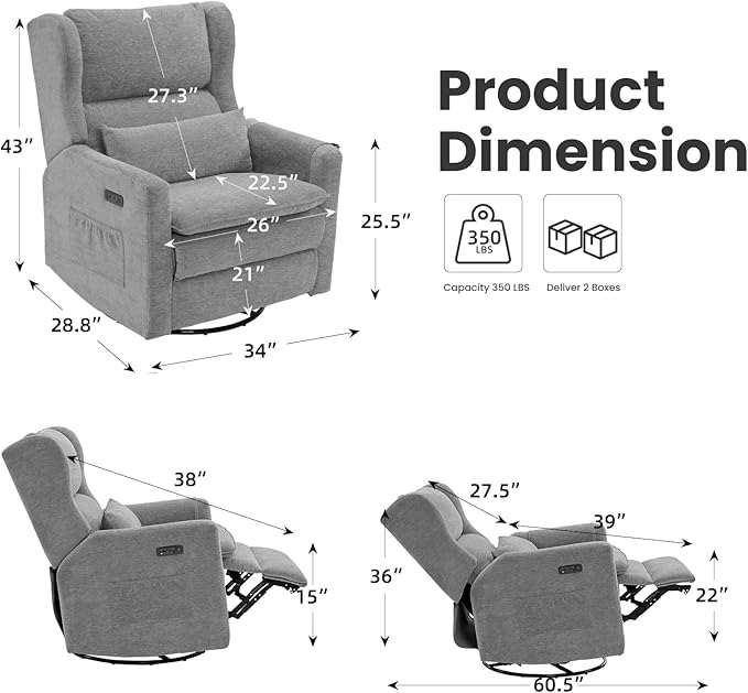Power Recliner ChairOversized Swivel Rocker Recliner with Adjustable HeadrestNursery Rocking Chair with Lumbar Cushion for Living RoomGrey