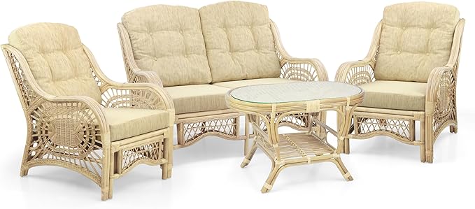 Wickerix Malibu Lounge Loveseat Natural Color Sofa Natural Rattan Wicker Handmade Design with Cream Cushions