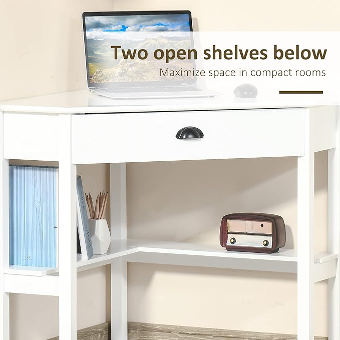 Corner Desk Triangle Computer Desk with Drawer and Storage Shelves for Small Spaces Home Office Workstation for Living Room or Bedroom White