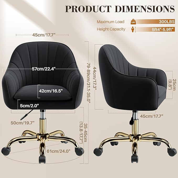 Vanity Chair with Wheels Comfy Home Office Desk Chairs Adjustable Modern Velvet Makeup Vanity Chairs for Bedroom Living Room-Black