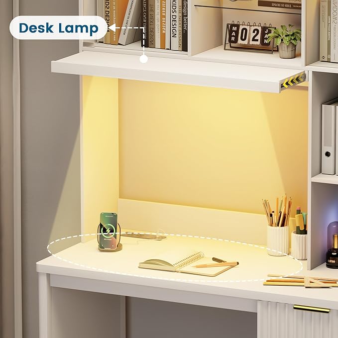 Standing Desk with LED Light for Office Room Smart Computer Desk with Hutch and Drawer for Game RoomModern Study Table with 2AC Port Charging Station/Lamp/for Bedroom (White)