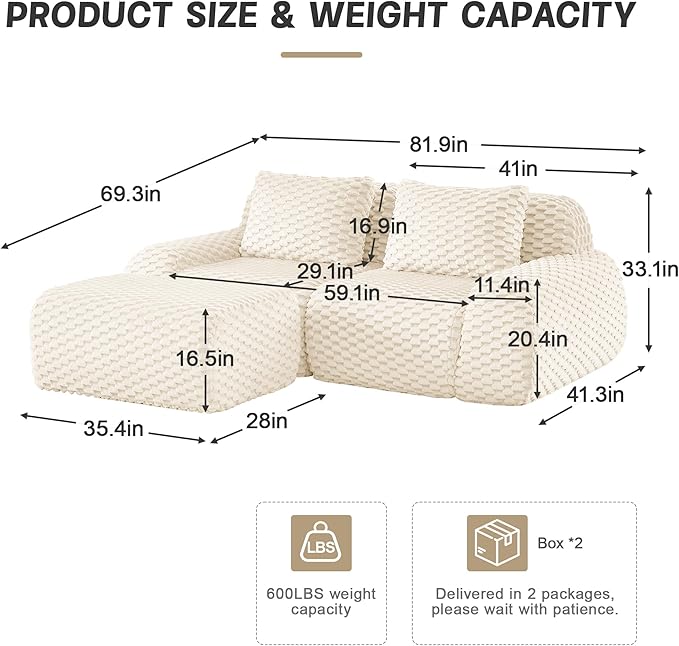 82'' Boneless Couch Modular Sectional Sofa Small L-Shaped Couch with Buckle Connection Anti-Slip Design Flannelette Fabric Couches for Living Room (Cream 2 Seat + 1 Ottoman)
