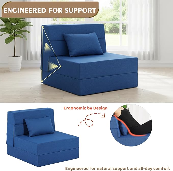 Folding Sofa Bed Foldable Sleeper Chair with Pillow Convertible Fold Out Chair Bed with Washable Cover Foldable Mattress for Living Room Bedroom Guest Room Single Size Blue