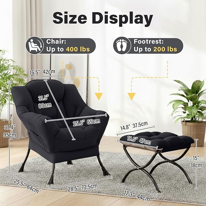 Lazy Chair and Ottoman Black Velvet Large Accent Chair with a Side Pocket Modern Leisure Upholstered Sofa Reading Armchair with Footrest for Office Bedroom Living Room Dorm Rooms Balcony