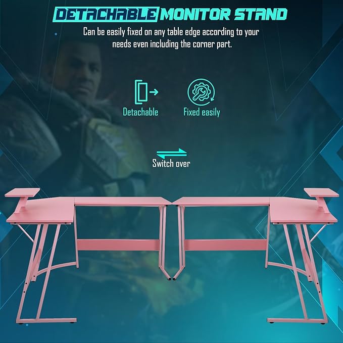 L Shaped Gaming Desk Computer Corner Desk PC Gaming Desk Table with Large Monitor Riser Stand for Home Office Sturdy Writing WorkstationPink