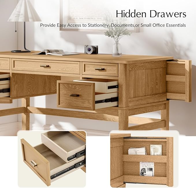 HULALA HOME 56 Home Office Desk with 5 Drawers and Hidden Compartment Drawer Mid-Century Modern Computer Desk with Solid Wood Legs Executive Desk for Work Study Writing Oak