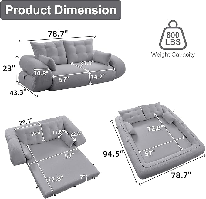 78.7 Folding Sofa Bed Queen Foldable Floor Futon Sofa Sleeper Convertible Boneless Mattress Loveseat Cloud Couch for Living Room Bedroom Lounge OfficeApartment and Small Spaces Grey Teddy