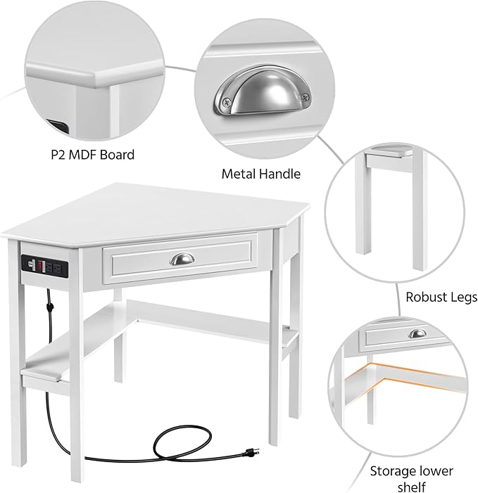 Yaheetech L Shaped Corner Computer Desk with Power Outlets Reversible Triangle Workstation with USB Ports and Hook for Small Space Modern Home Office Desk Gaming Table with Drawer &amp Shelf White