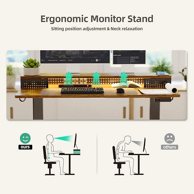 Claiks Electric Standing Desk with Shelf 55 Inch Height Adjustable Standing Desk with LED Lights &amp Monitor Stand Black Frame/Rustic Brown Top