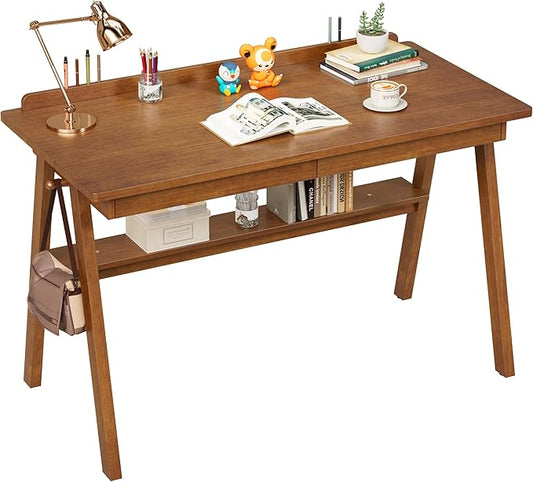 100% Solid Wood Desk with Drawers &amp Storage Shelf - 48 x 24 Inch Mid Century Modern Desks Vintage Writing Desk with Deeper Desktop Home Office Computer Desks for Bedroom &amp Home-Walnut Color