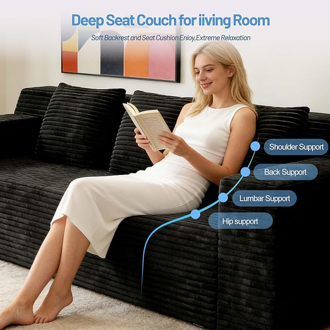 71 Small Boneless Couch Corduroy 3 Seater Couch for Living Room with 3 Pillows &amp Armrests Deep Seat Sofa for Small Spaces Apartment﻿ (Black) | Small Boneless Couch