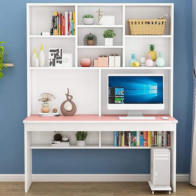Computer Desk with Bookshelf for Small Space Wood Writing Table/Workstation Teens Student Study Table Home Office Desk Computer Desk with Hutch(39 Inch Pink)