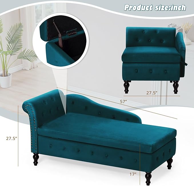 Upholstered Chaise Lounge with Left Armrest &amp Lumbar PillowButton Tufted Lounge Sofa with StorageLounge Chair IndoorModern Velvet Lounge Chair for Bedroom Living Room and OfficeTeal