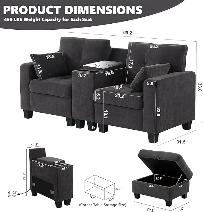 69 Loveseat Sofa Comfy Velvet Loveseat for Small Spaces 2 Seater Small Couch for Living Room Modular Sectional Sofa with Storage Ottoman for Bedroom Office Apartment Dark Gray