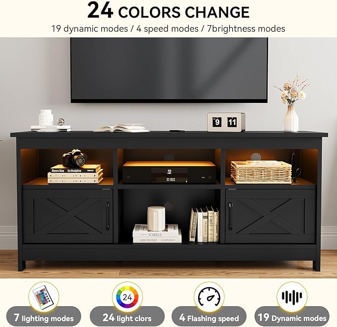 DWVO Farmhouse TV Stand for 65 Inch TV Black Entertainment Center with LED Lights &amp Power Outlet TV Media Console with Storage for Living Room Black