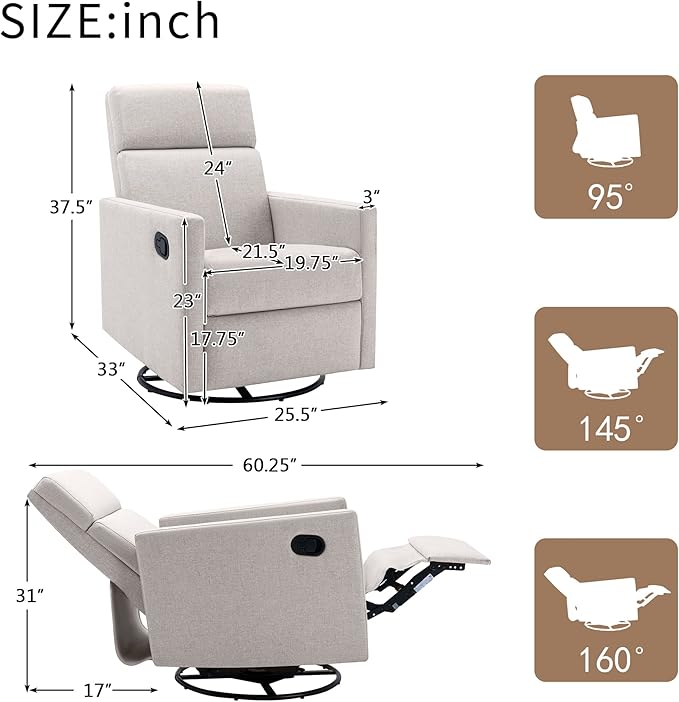 Swivel Rocker Recliner Chair 360 Degree Swivel Nursery Rocking Chair Manual Glider Rocking Recliners Chairs for Living Room Bedroom (Tan)