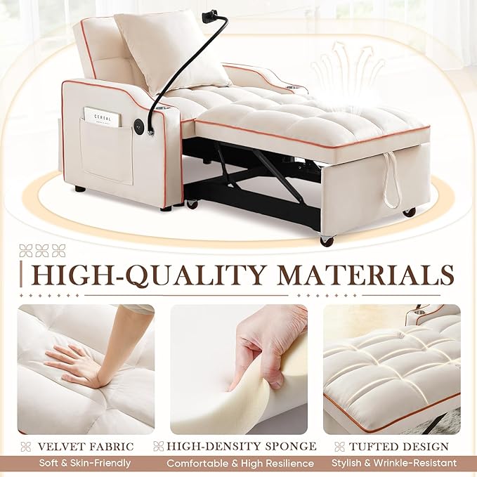 Convertible Sleeper Chair Sofa Bed3 in 1 Velvet Tufted Pull Out Couch with Swivel Phone Holder &amp USB PortsFuton Small Couch Bed w Cup Holders &amp Adjustable Backrest for Living RoomSmall Plac