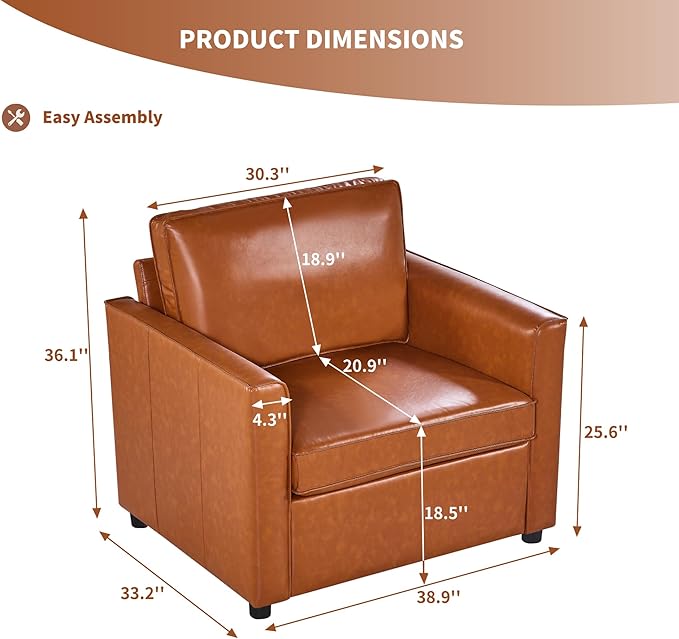 Faux Leather Armchair for Living Room Mid-Century Accent Chair with Deep Seat Cushion Upholstered Comfy Reading Chair Single Sofa Chair for Bedroom Apartment Office Caramel