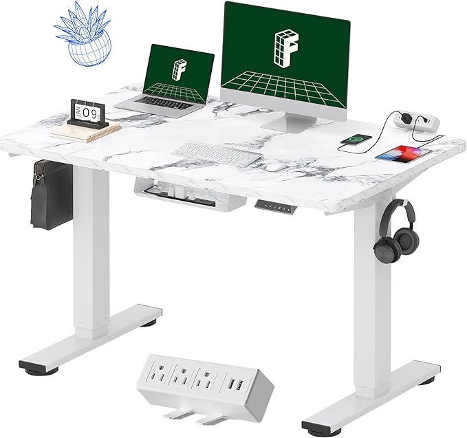 FLEXISPOT EN2 Whole-Piece Standing Desk with Clamp Power Strip 48 x 30 Electric Stand Up Height Adjustable Desk with Cable Management (White Frame + 48 Marble Gray Top 2 Packages)