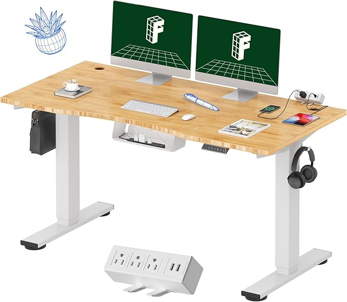 FLEXISPOT EN2 Whole-Piece Bamboo Standing Desk Clamp Power Strip 55 x 28 Electric Stand Up Height Adjustable Desk with Cable Management (Grey Frame + 55 Bamboo Top 2 Packages)