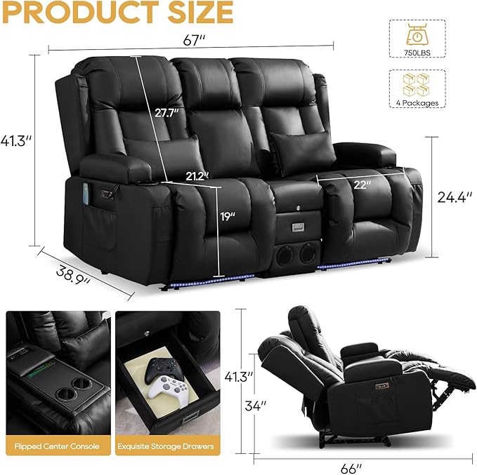 IPKIG Power Loveseat Recliner Sofa with Flip-Up Backrest Console Drawer AC Outlet LED Light Wall Hugger Recliners for Living Room RV Home Theater (Midnight Black Loveseat)