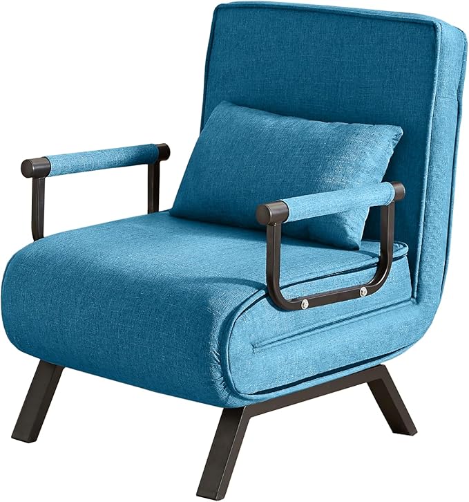 Foldable Chair Bed Comfortable Convertible Sofa Bed 5 in 1 Foldable Bed with 5 Adjustable backrests and Pillows Suitable for Comfortable Cushion Chair in The Office. (Blue+Linen+1Seat)