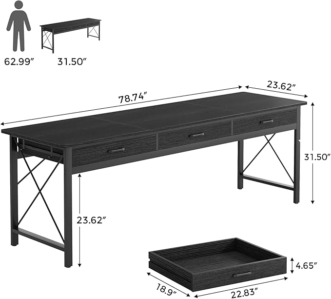 78.7 inch Extra Long Computer Desk with 3 Drawers Two Person Office Desk Double Desk with Hooks Modern Industrial Writing Study Table Workstation for Home Office Black