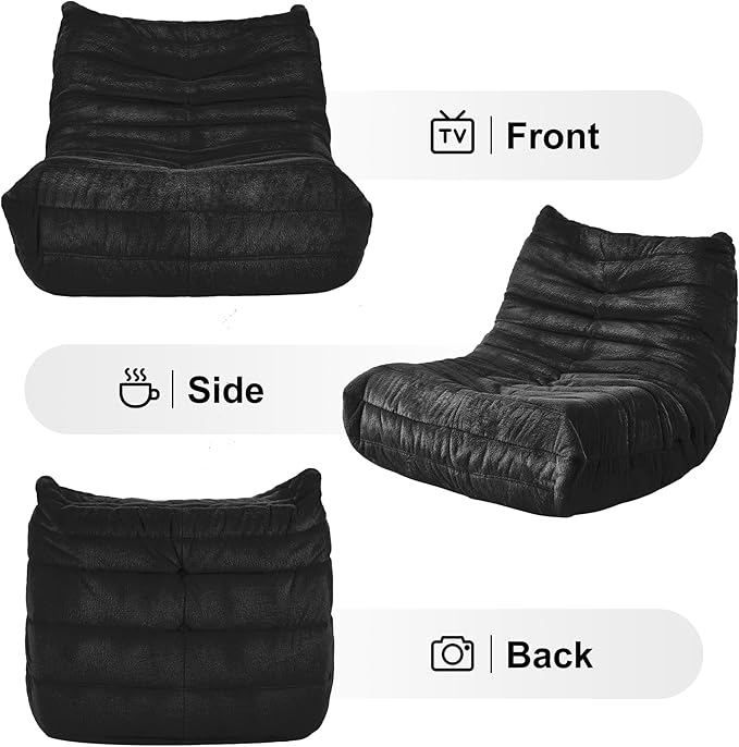 Bean Bag Chairs for Adults Giant Bean Bag Chair Memory Foam BeanBag Chair Bean Bag Sofa with Filler Faux Fur Fireside Beanbags Lazy Sofa for Living Room Bedroom Office (Black Plush Single)