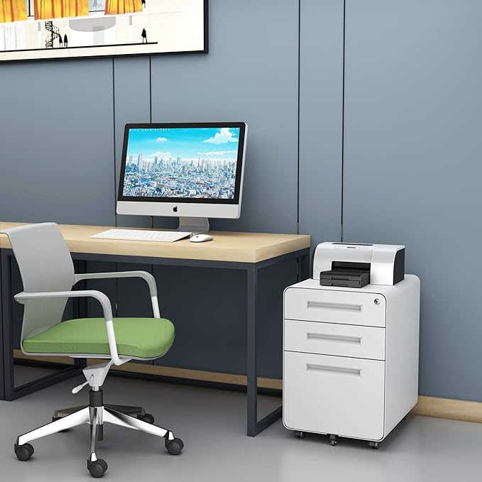 STANI 3 Drawer Filing Cabinet Metal Filing Cabinet Legal/Letter Size with Lock Mobile Storage Cabinet for Home and Office Fully Assembled Except Wheels White