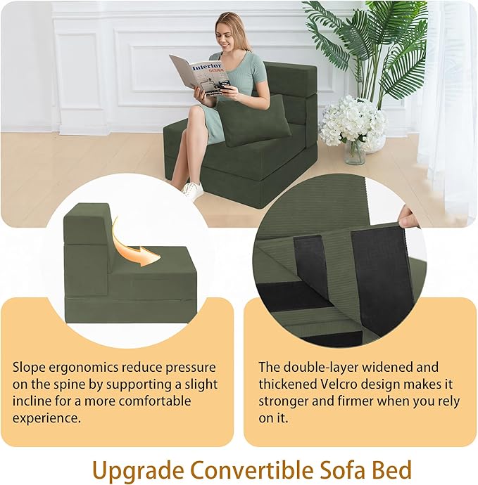 Sofa Bed Foldable Mattress Folding Sleeper Sofa Chair Bed Floor Mattress with Pillow for Living Room Home Office (Green-Corduroy Single)