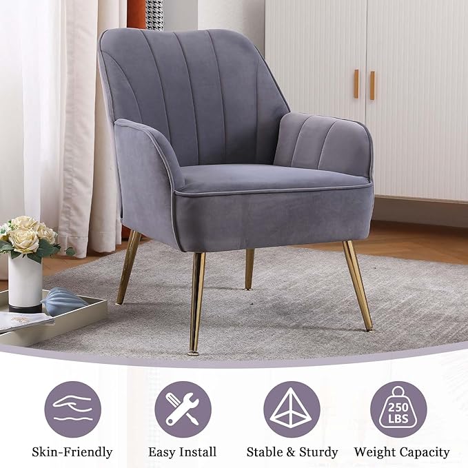 Accent Chair with Arms Arm Chair with Gold LegsVelvet Upholstered Reading Chair with Back for Living Room Bedroom (Grey 2)