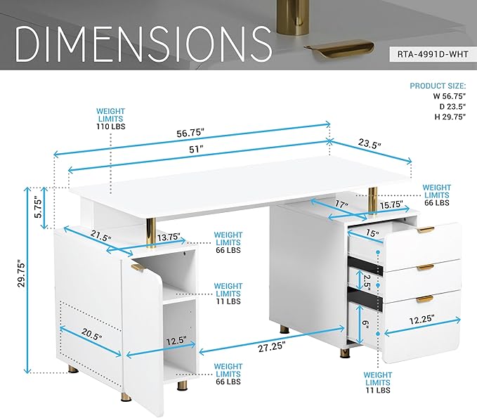 Elegant 56.75 W Executive Desk with 3 Drawers and Storage Cabinet Modern Office Desk with Gold Accents Floating Work Surface Closed Storage with Ventilation &amp Adjustable Shelf (WhiteGold)