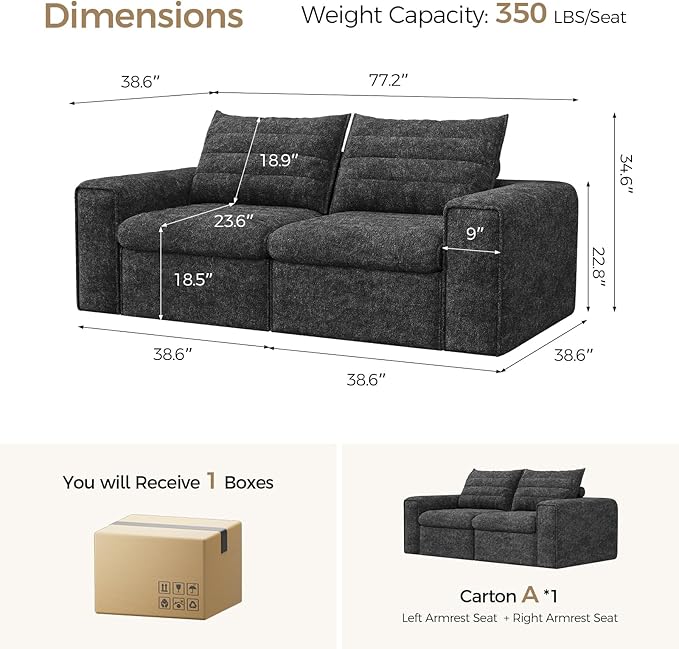 77 Cloud Loveseat Sofa Deep Seat Couch with Pillows Modern Comfortable Upholstery Boneless Sofa 1 piece for Living Room Bedroom Apartment Removable CoverNo Assembly Required Dark Gray