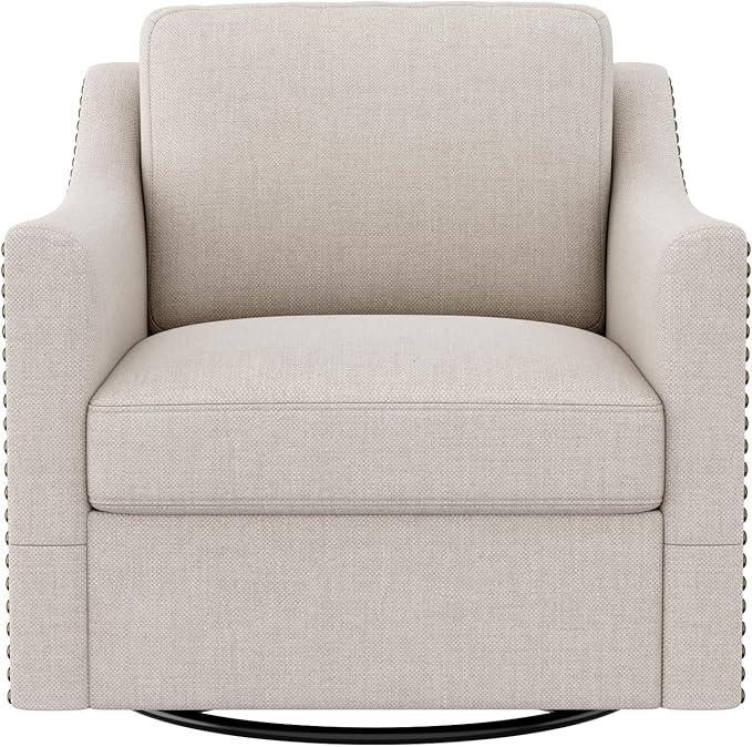 Swivel Accent Chair Modern Comfy Linen Upholstered Barrel Armchair with Nailhead Decor and Metal Base Soft Oversized Round Swivel Chair for Living Room Bedroom Club (1 Beige)