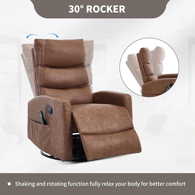PELUMY 360° Swivel Rocker Recliner with Heat &amp Vibration Massage Glider Rocking Chair for Adults Compact Recliner for Living Room Small Spaces Nursery Bedroom (Breathable Leather Earth Yello