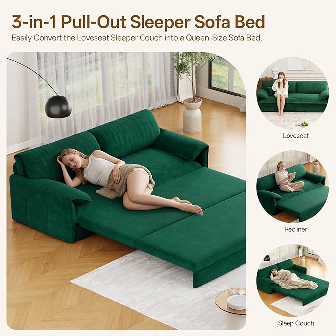 66 Queen Pull Out Couch BedVelvet 3-in-1 Queen-Size Sleeper SofaConvertible Pull-Out Sofa Bed with Side PocketsSleeper Loveseat for Living RoomApartment Offices (Green)