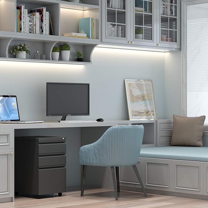 Locking Metal Pedestal Under Desk Metal Filing Cabinet Black Mobile 3 Drawers File Storage Cabinets with Wheel for Home Office Legal/Letter Size Fully Assembled Except Wheels