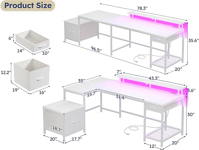 96.5'' Computer Desk with Drawers Gaming Desk with LED Lights &amp Monitor Shelf Office Desks with Power Outlets L Shaped White Corner Desks for Home Office Study Room and Bedroom White