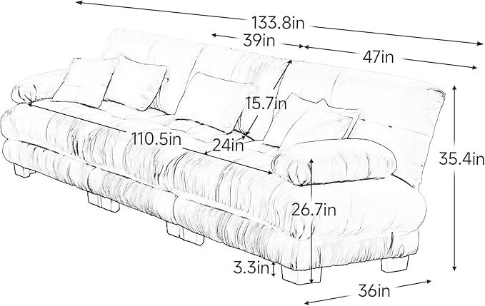 Modular Sectional Sofa Comfy Sofa Cloud Couch 3 Seater Couch for Living Room Modern Oversized Sleeper Deep Seat with 5 Pillows Chenille Gray