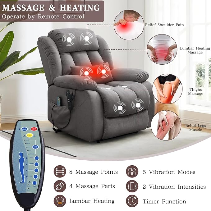 Infinite Position Lay Flat Lift Recliner Chair for Adults Dual Motor Power Lift Chair for Elderly with Massage &amp Heating USB Ports Remote Control &amp Lumbar Pillow Linen Fabric (Grey)