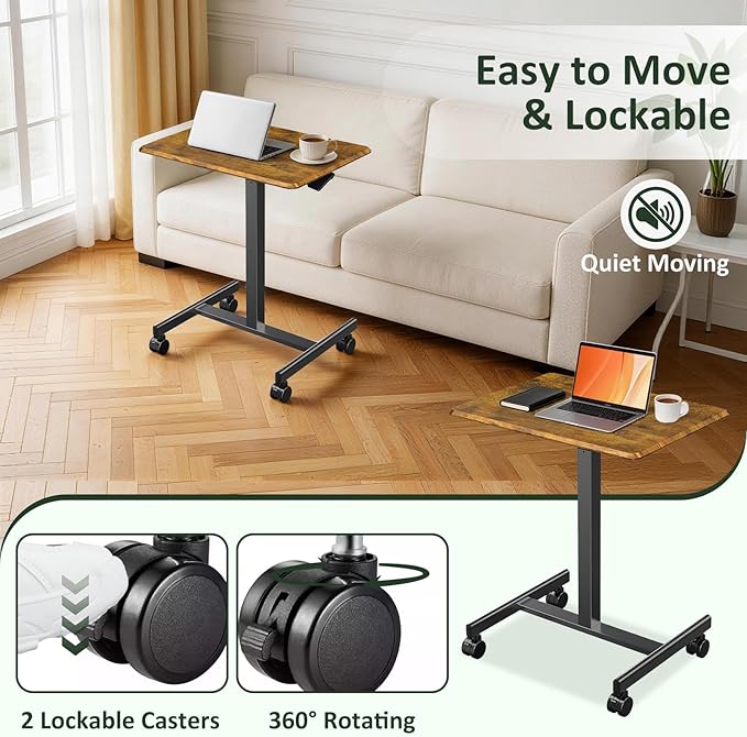 Adjustable Height Mobile Standing Desk with Lockable Casters Rolling Sit Stand Laptop Computer Desk Portable Compact Workstation for Home Office Dorm Brown