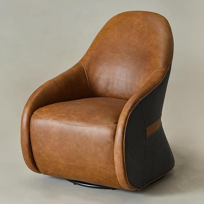 Two-Tone Leather Swivel Barrel Chair Accent Chair with Solid Wood Frame No Assembly for Living Room or Office (Brown)