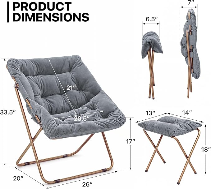 MoNiBloom Square Folding Faux Fur Saucer Chair for Bedroom Living Room Dorm Foldable Metal Frame Oversized Large Comfy Furry Padded Soft Cozy Moon Chair with Footrest Ottoman for Adults (Gray 2 Set)